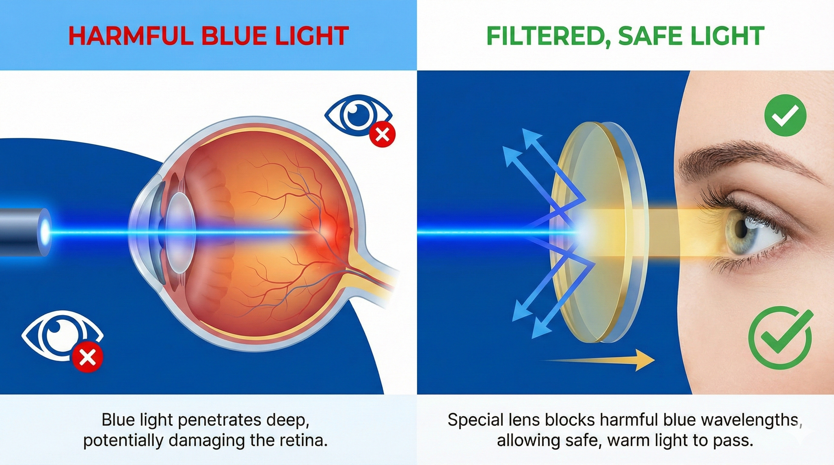 Chart showing blue light spectrum blocking with and without glasses
