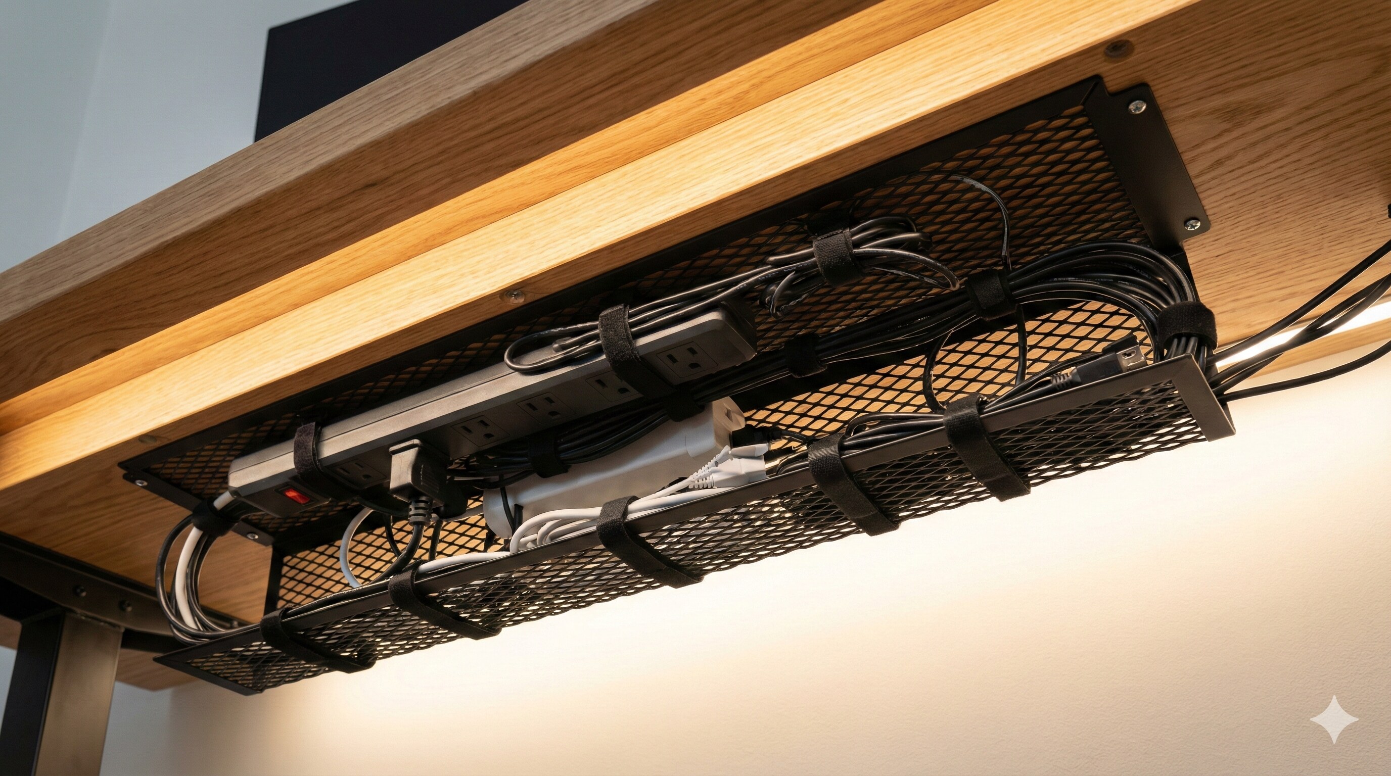 Under desk cable management tray holding power strip and messy wires
