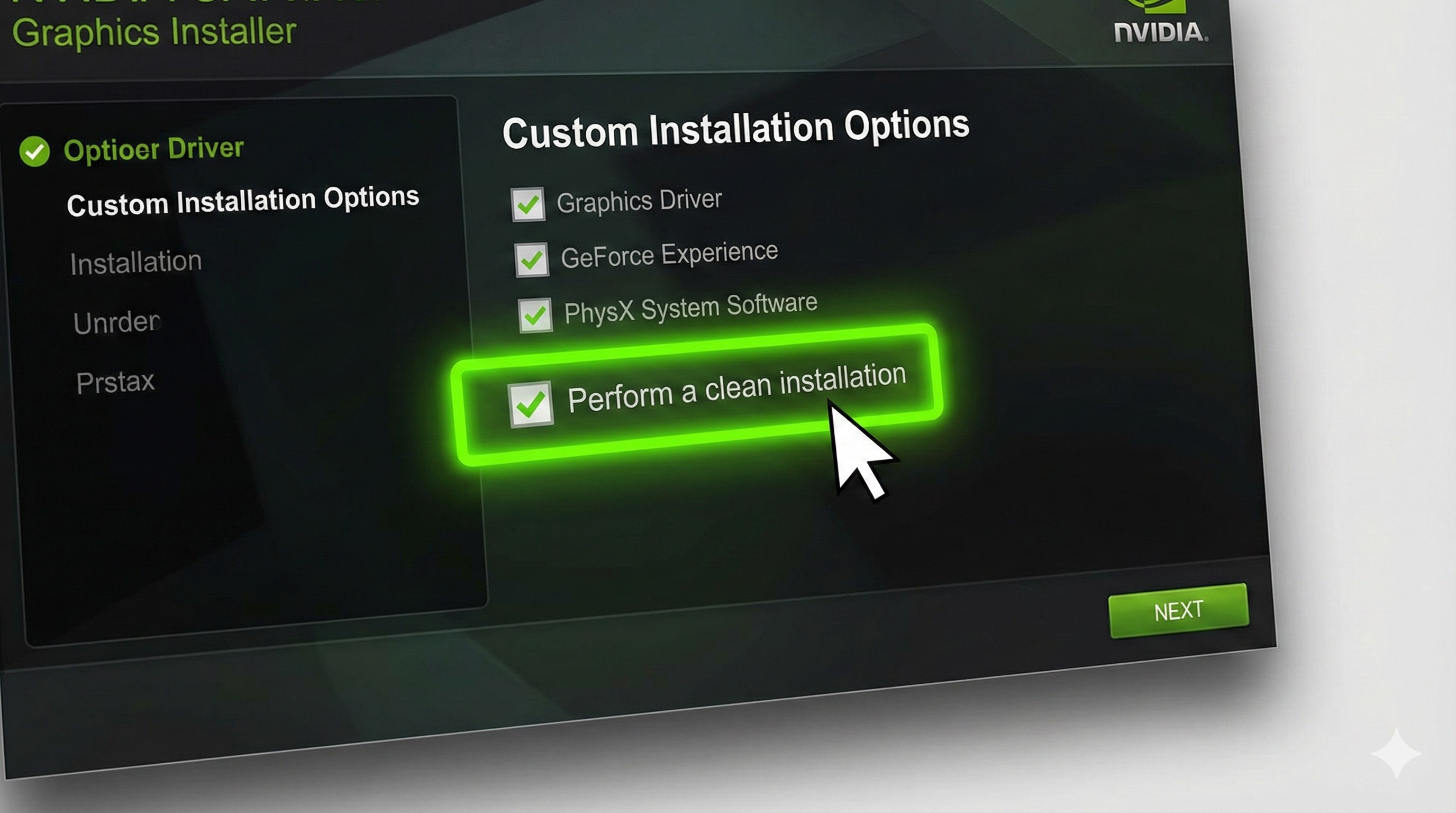 Screenshot of NVIDIA installer highlighting the Perform a Clean Installation checkbox
