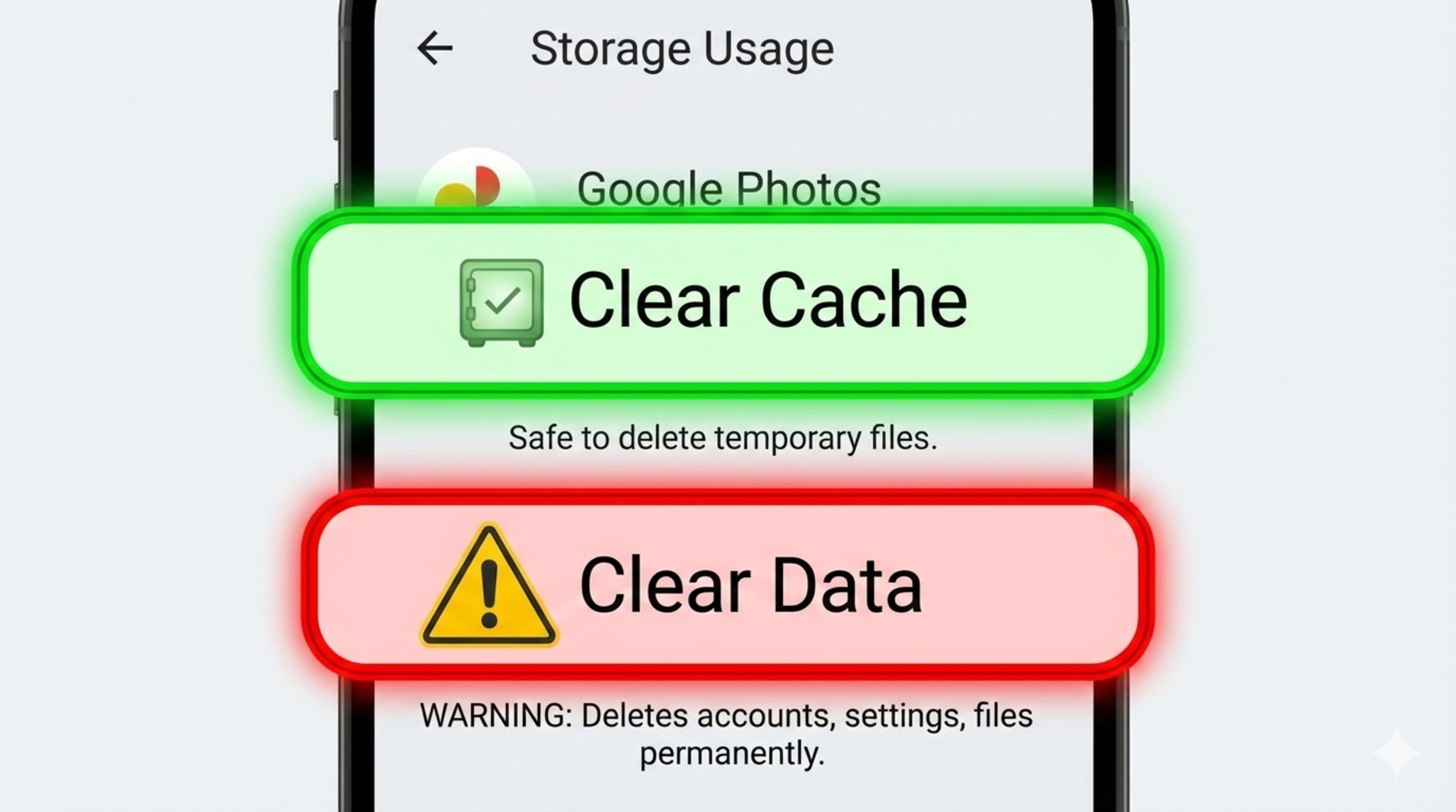Android storage settings highlighting Clear Cache button versus Clear Data button