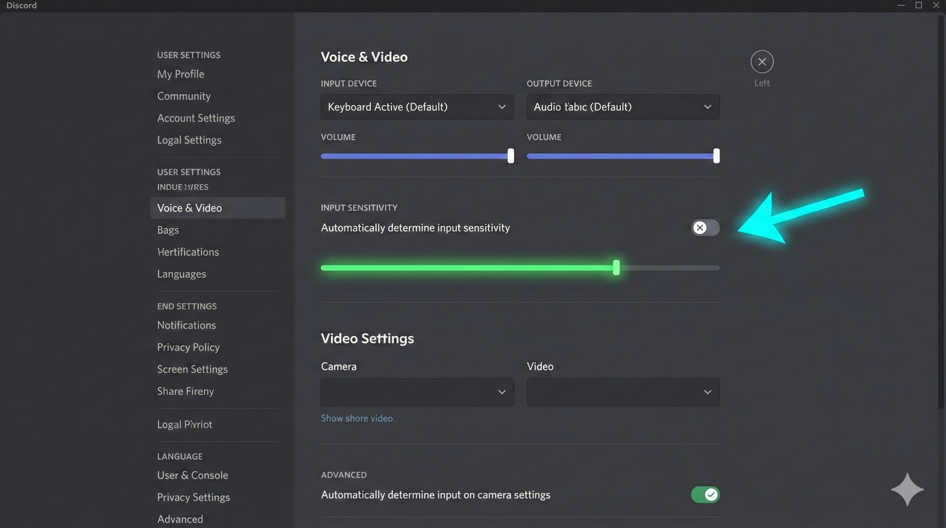 Discord Voice and Video settings screen showing input sensitivity