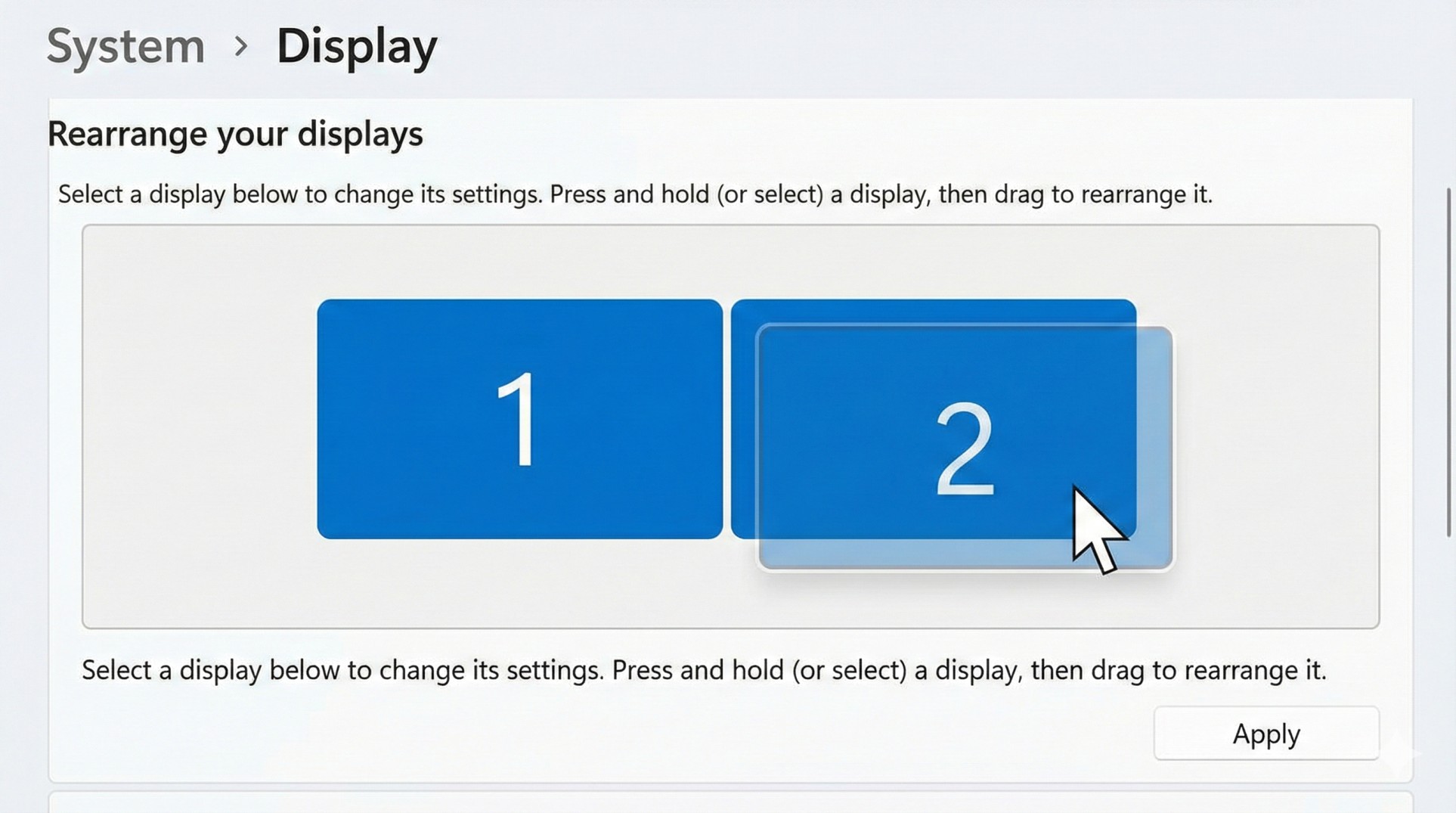 Windows 11 Display Settings menu showing two monitor arrangement