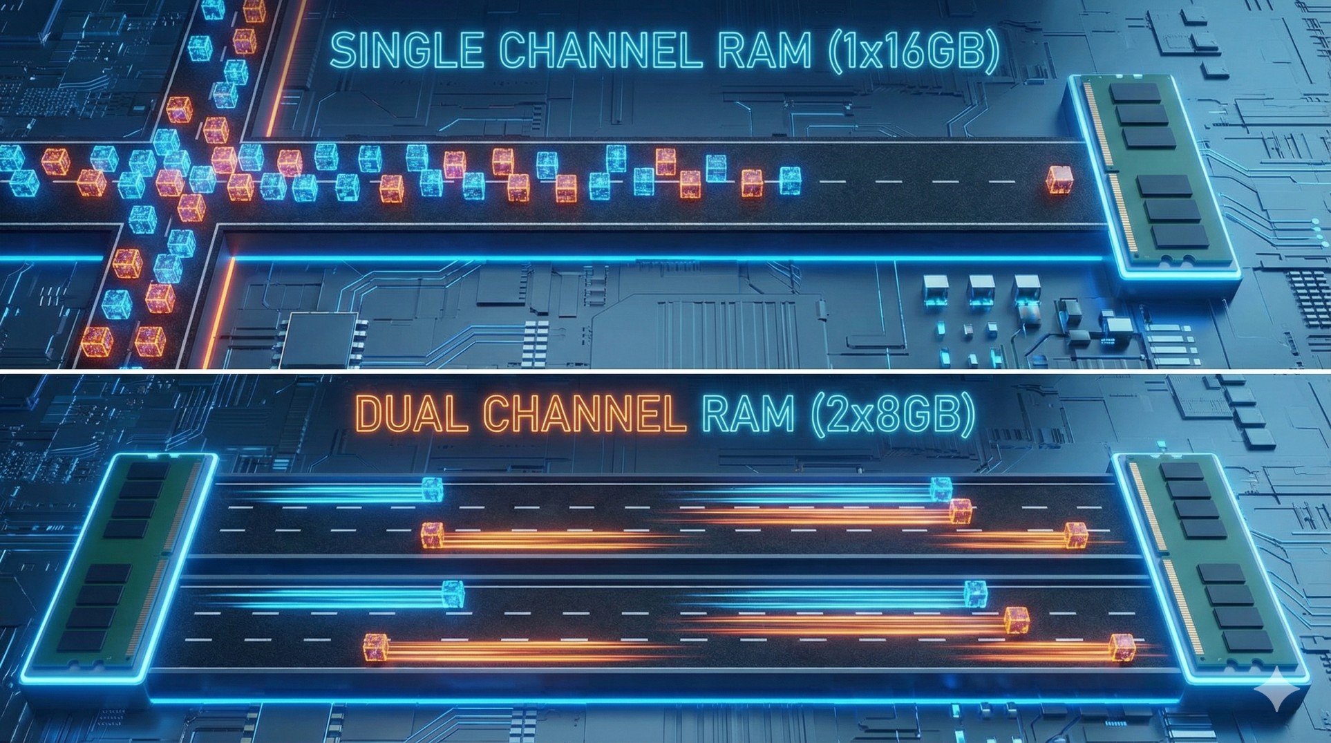 Diagram showing single channel vs dual channel data flow highway