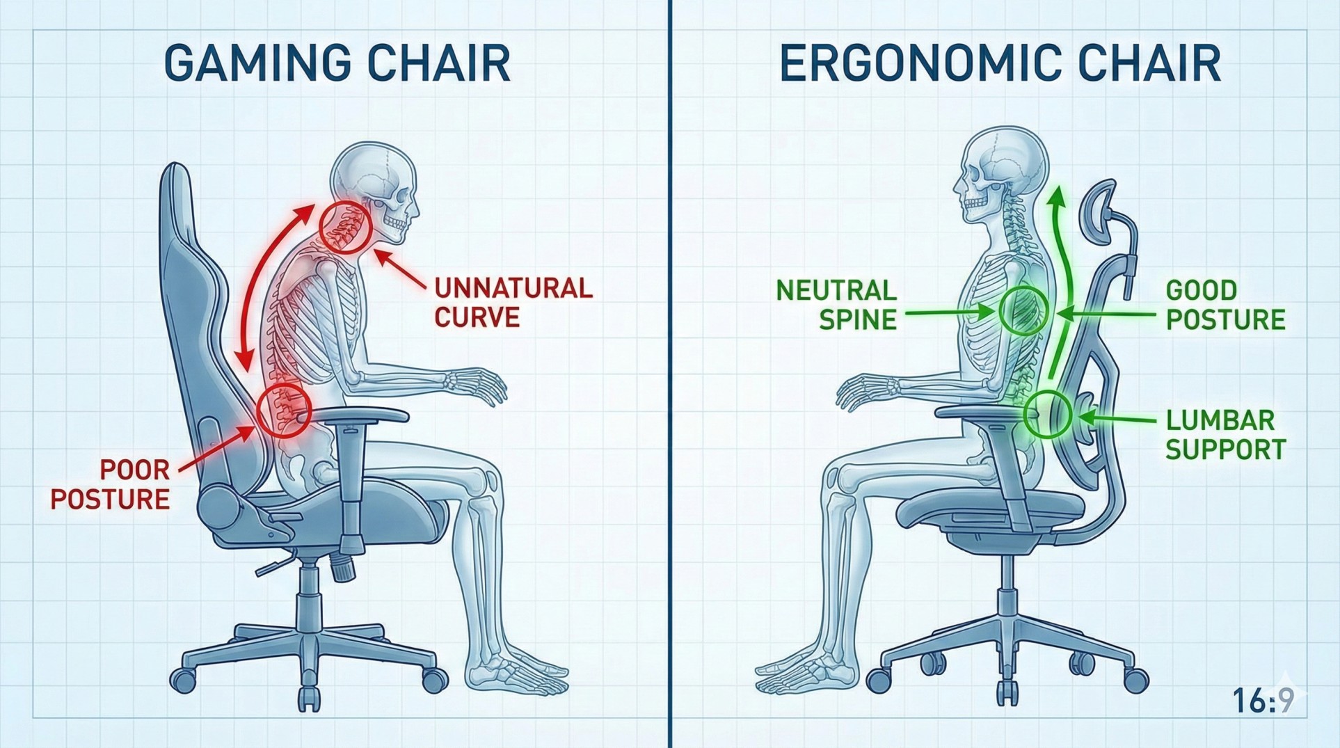Diagram of spine posture on a gaming chair vs ergonomic chair