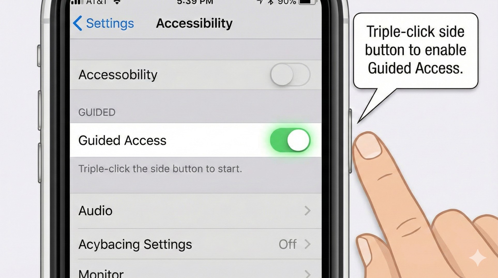 iPhone Accessibility settings menu showing Guided Access turned ON