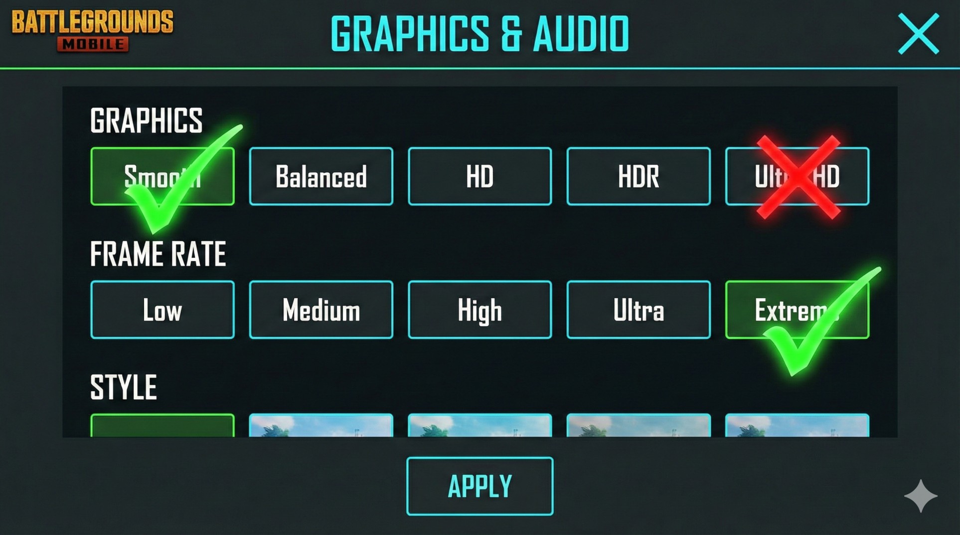 Mobile game settings showing Smooth Graphics and Extreme FPS selected