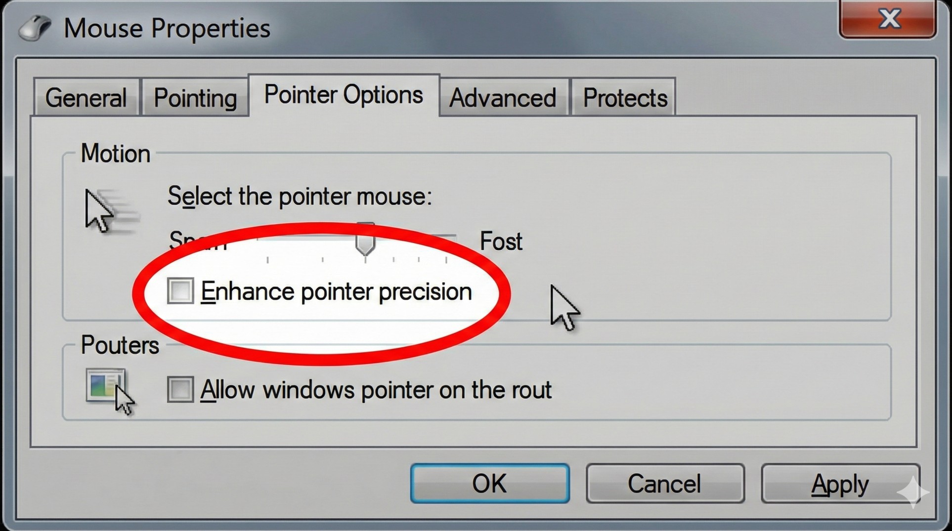 Mouse properties window showing Enhance pointer precision unchecked