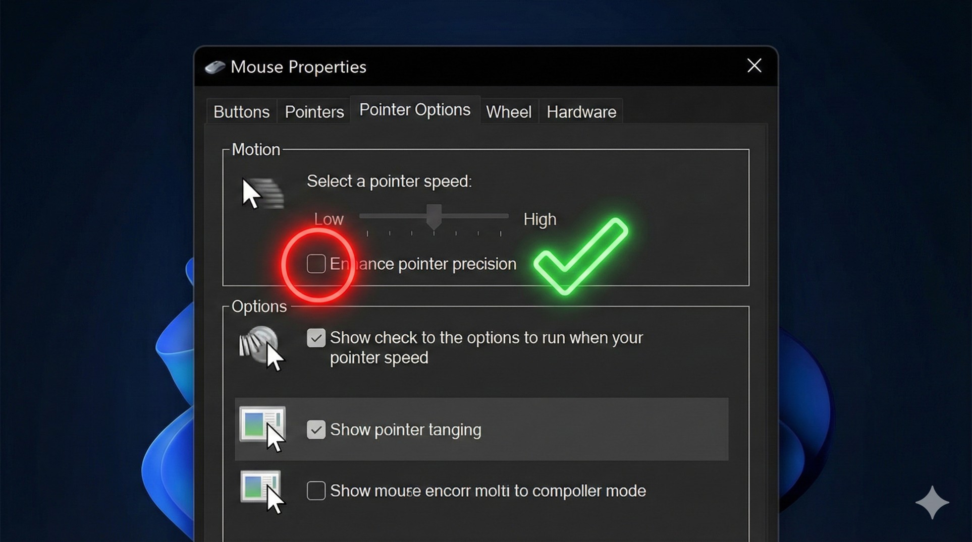 Windows mouse settings showing Enhance Pointer Precision unchecked