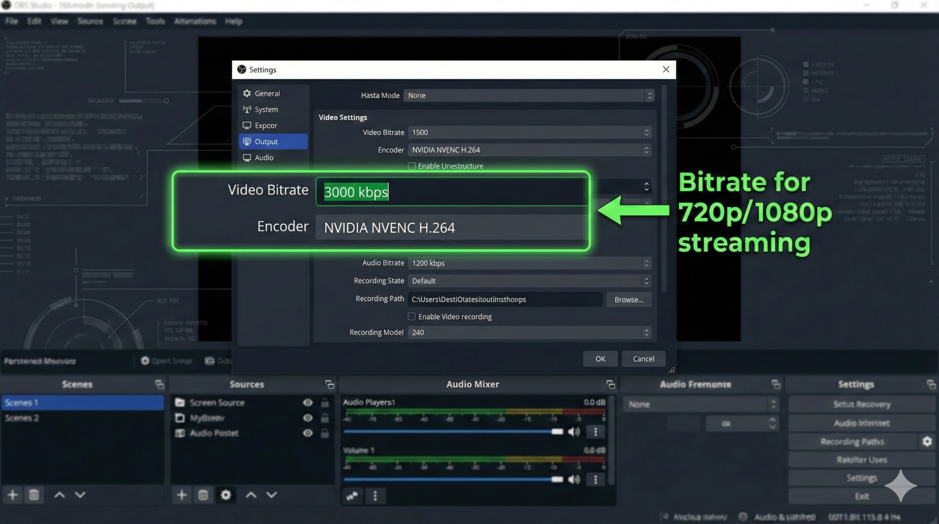 OBS Output settings showing 3000 bitrate and 720p resolution