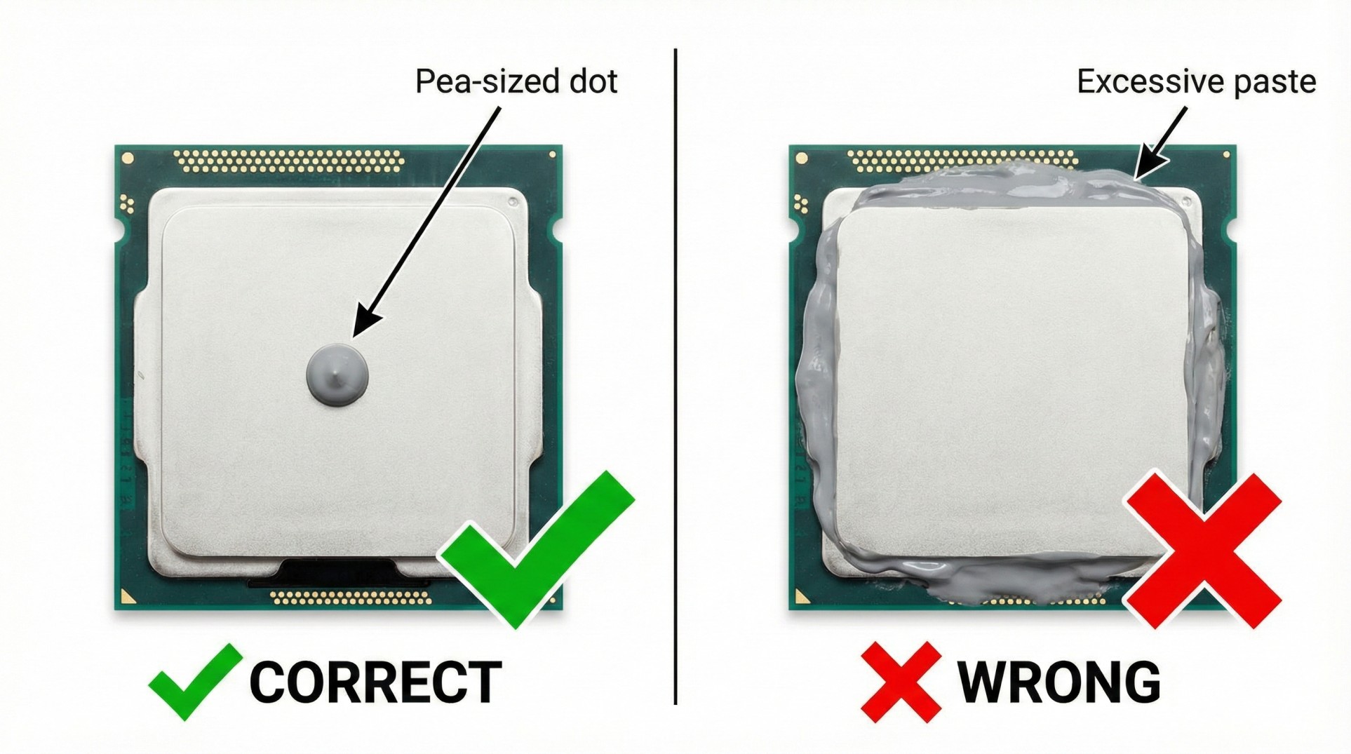 Illustration showing the correct pea-sized amount of thermal paste on a CPU