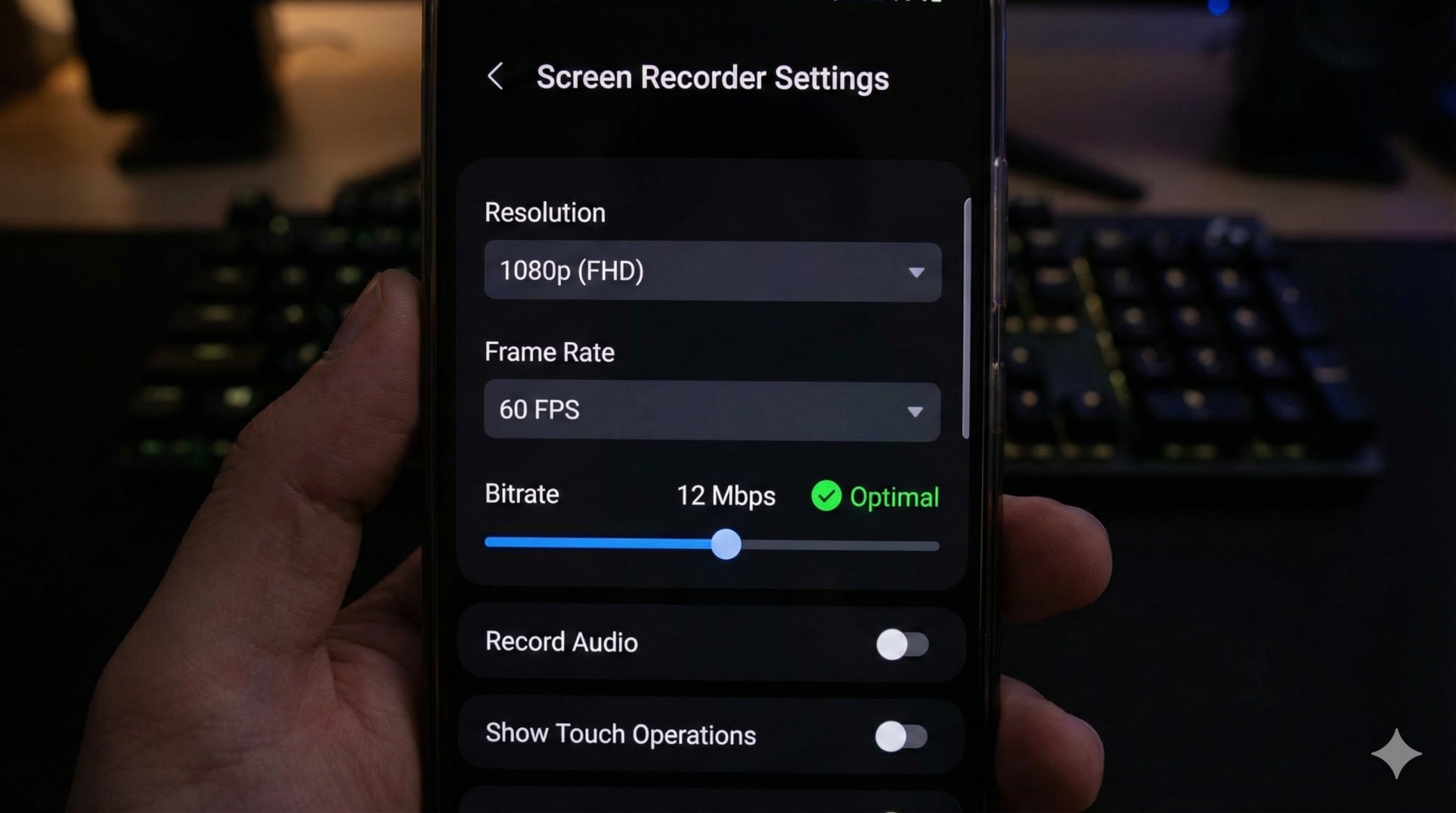 Screen recorder settings menu showing bitrate and resolution options