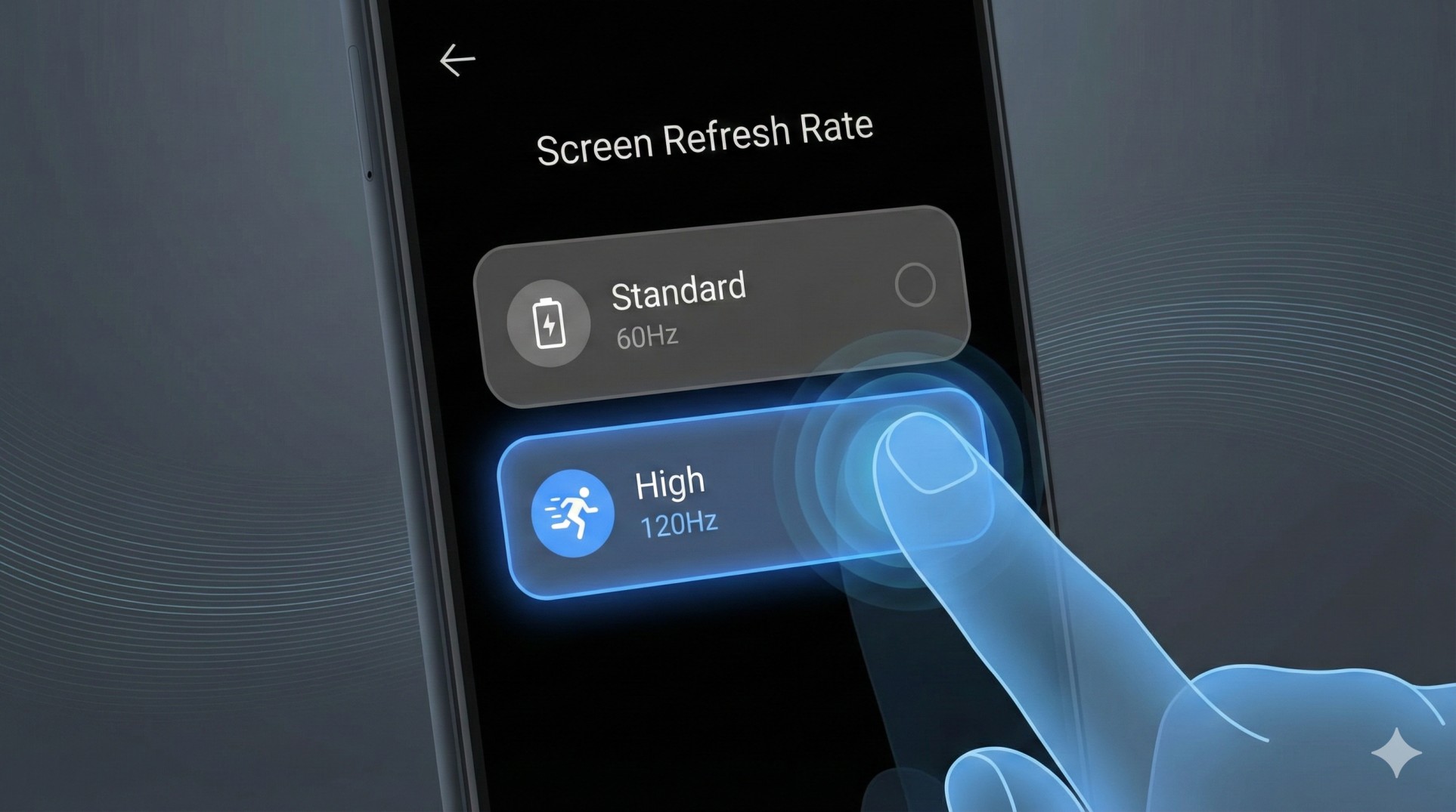 Android display settings showing 120Hz refresh rate selected