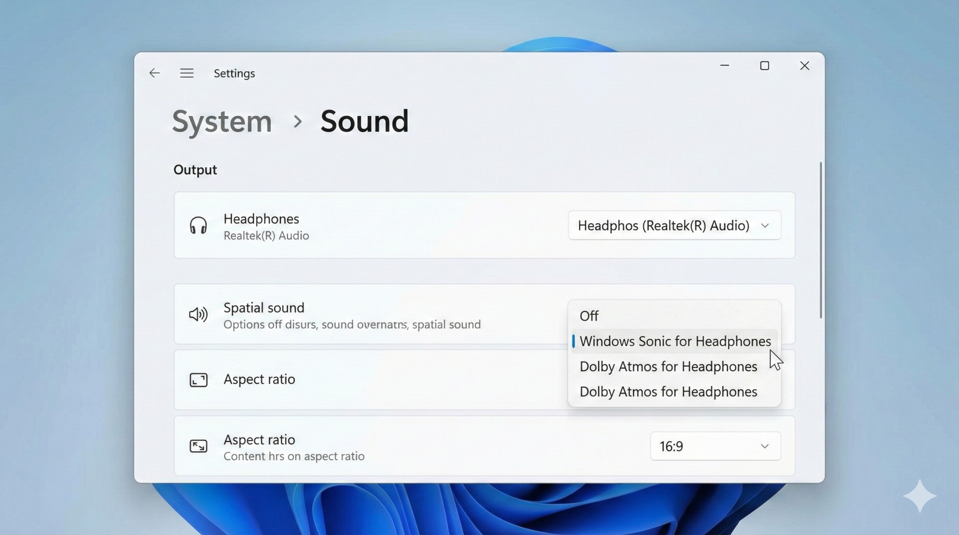 Windows 11 sound settings menu selecting Windows Sonic for Headphones
